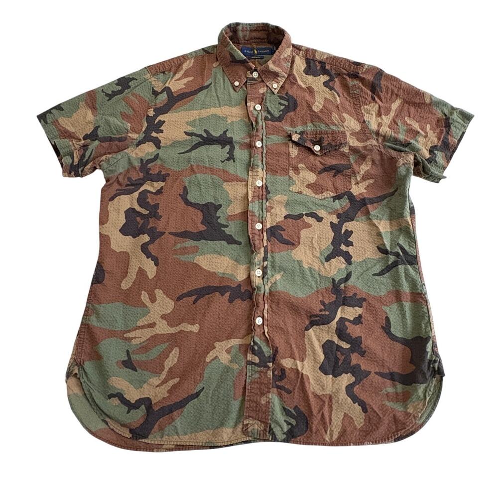 Ralph Lauren Camo Seersucker Button Down Shirt Short Sleeve Mens Medium
